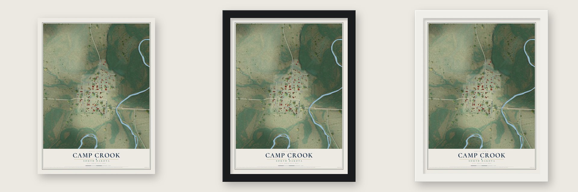 Camp Crook, South Dakota map unframed, in a black wood frame and in a white wood frame