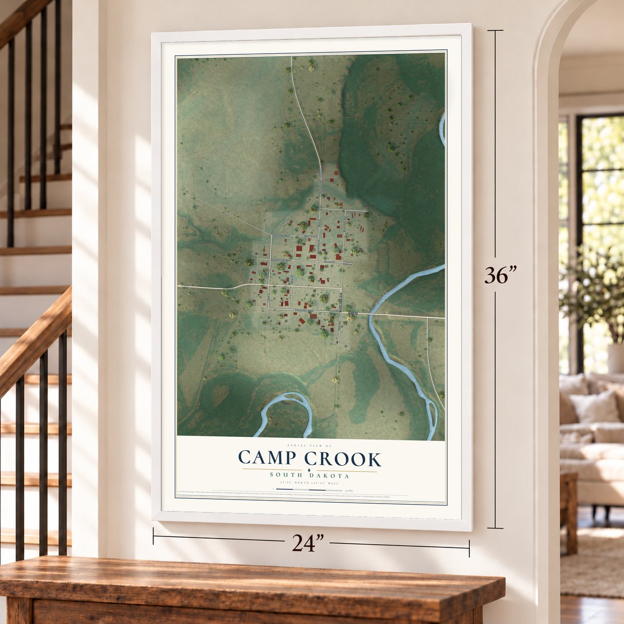 Camp Crook, South Dakota map, 24 x 36 inch print in a white frame by a staircase