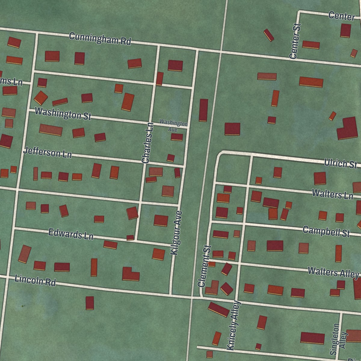 Second close-up of the map of Camp Dennison, Ohio print showing more streets and buildings