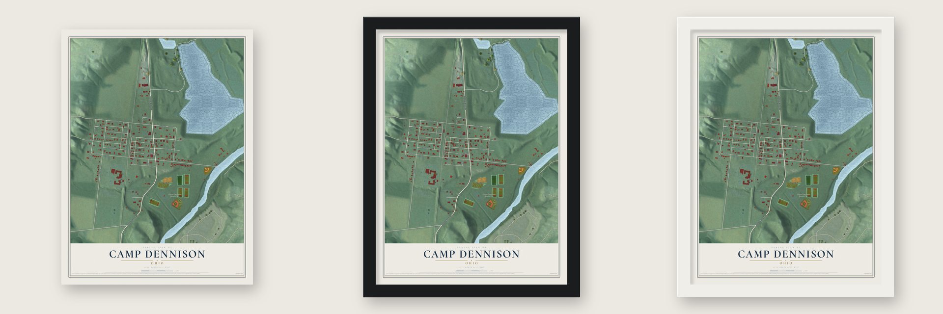 Camp Dennison, Ohio map unframed, in a black wood frame and in a white wood frame
