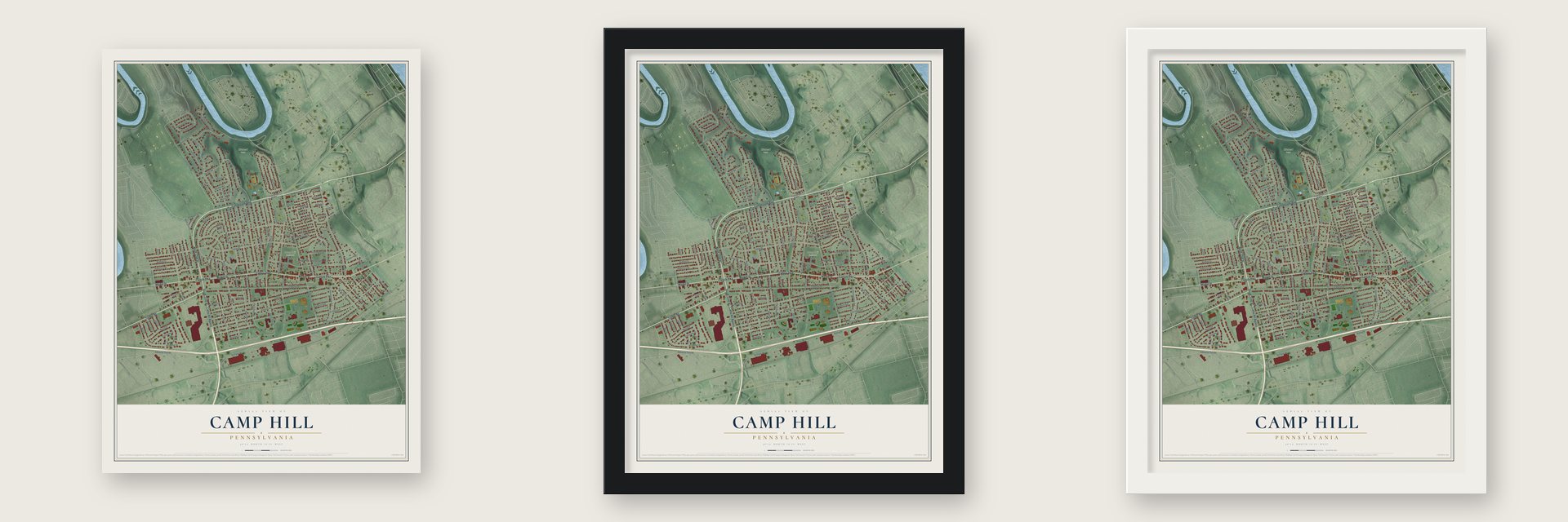 Camp Hill, Pennsylvania map unframed, in a black wood frame and in a white wood frame