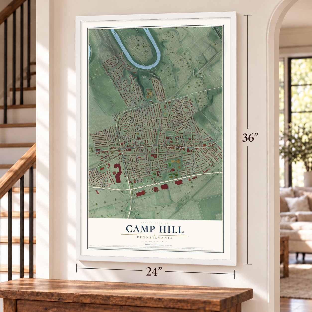 Camp Hill, Pennsylvania map, 24 x 36 inch print in a white frame by a staircase