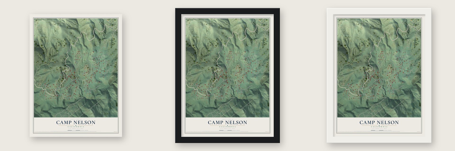 Camp Nelson, California map unframed, in a black wood frame and in a white wood frame