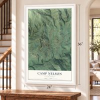 Camp Nelson, California map, 24 x 36 inch print in a white frame by a staircase