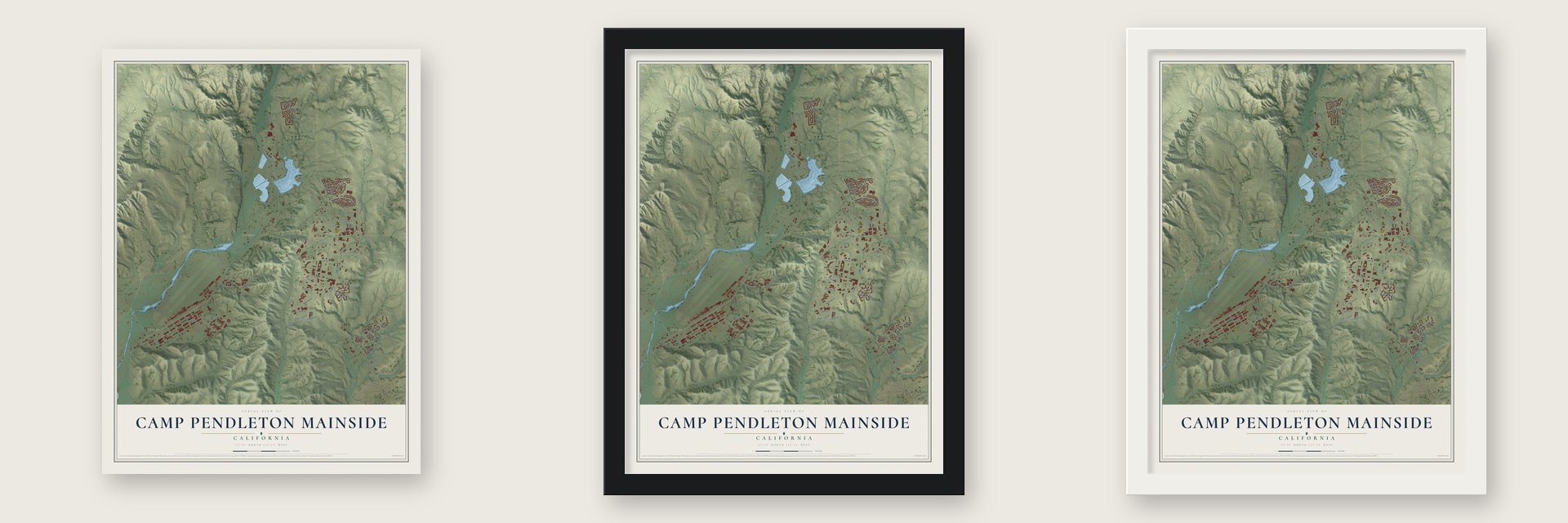 Camp Pendleton Mainside, California map unframed, in a black wood frame and in a white wood frame