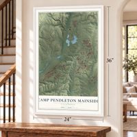 Camp Pendleton Mainside, California map, 24 x 36 inch print in a white frame by a staircase