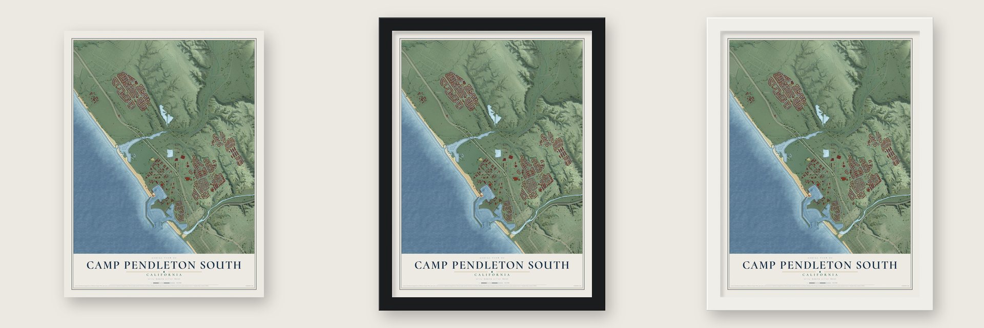 Camp Pendleton South, California map unframed, in a black wood frame and in a white wood frame