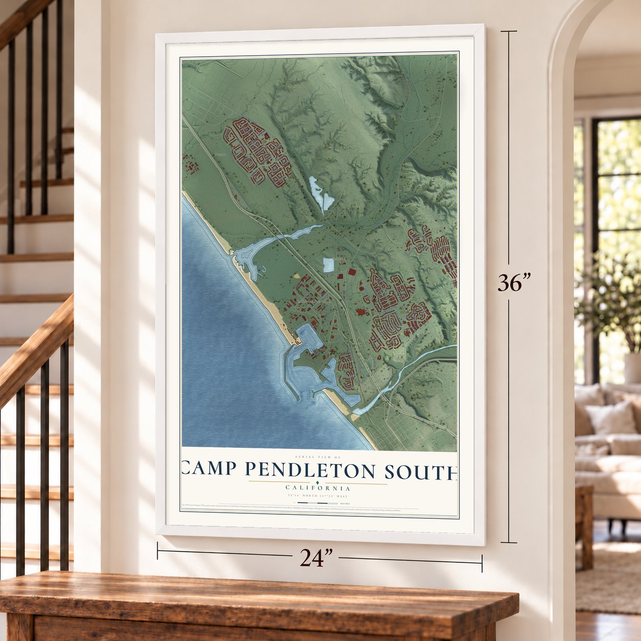 Camp Pendleton South, California map, 24 x 36 inch print in a white frame by a staircase