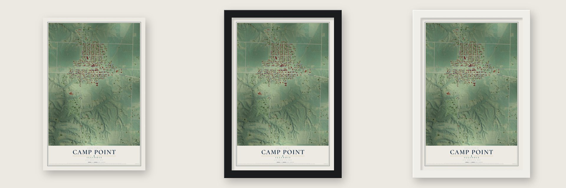 Camp Point, Illinois map unframed, in a black wood frame and in a white wood frame