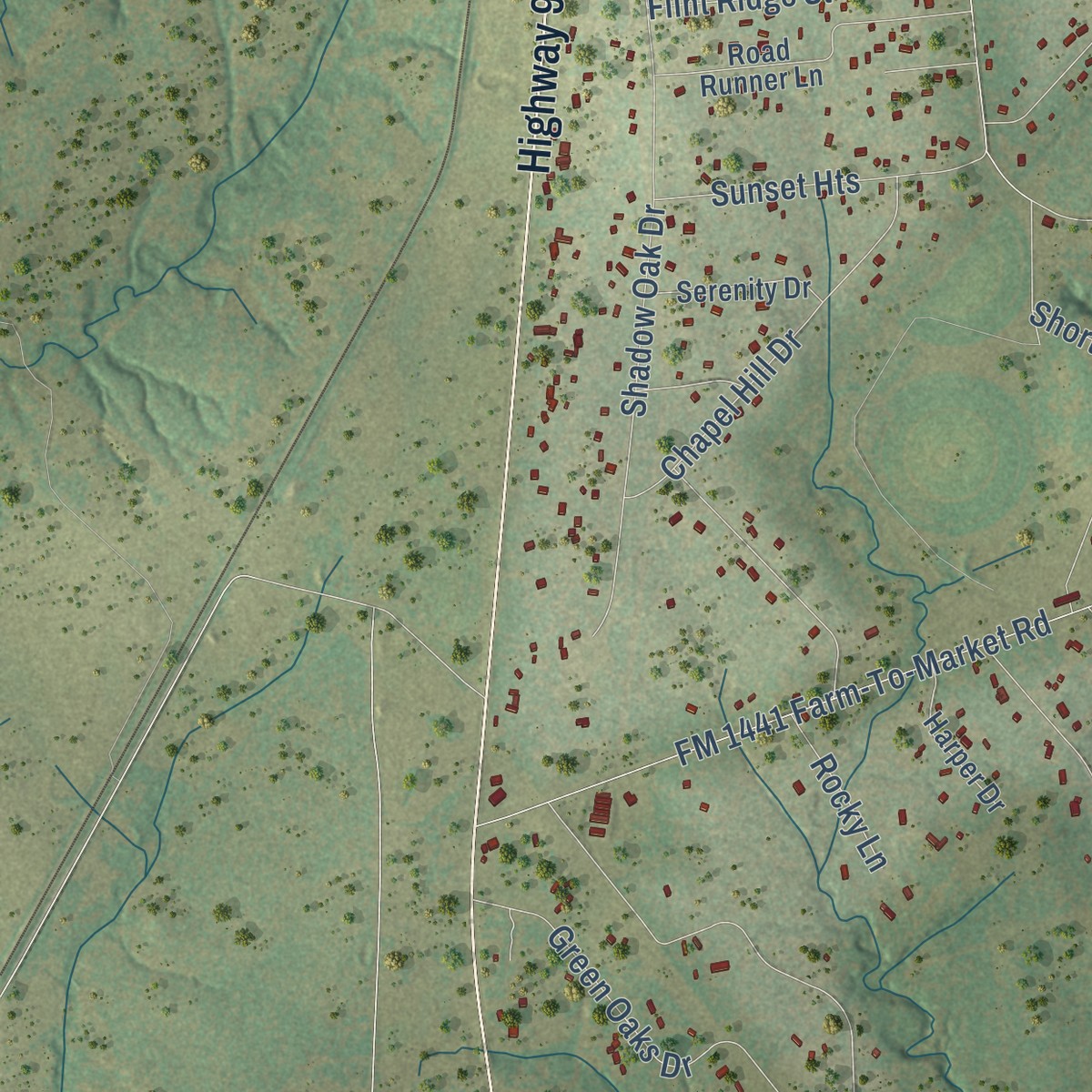 Second close-up of the map of Camp Swift, Texas print showing more streets and buildings