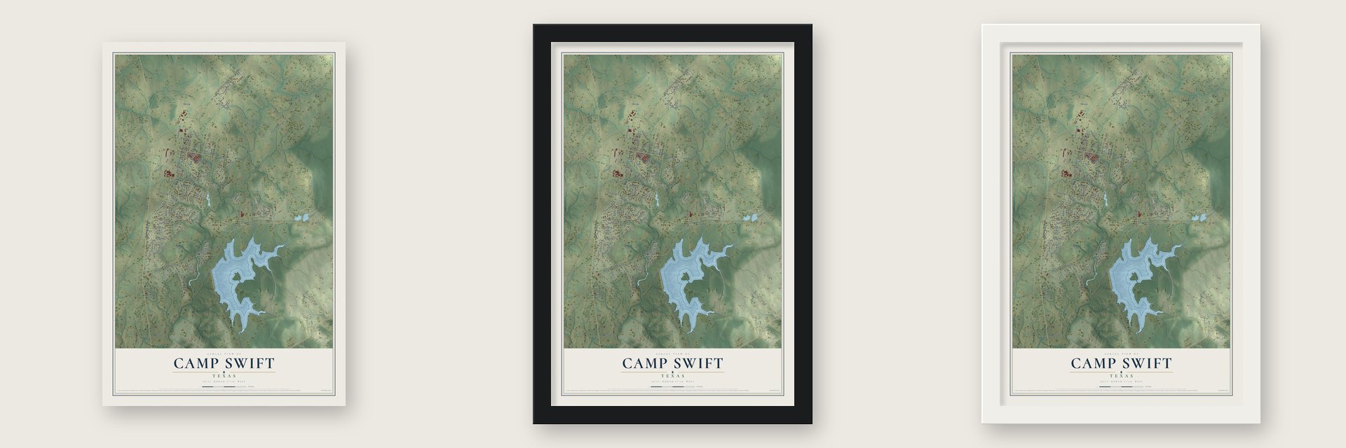 Camp Swift, Texas map unframed, in a black wood frame and in a white wood frame