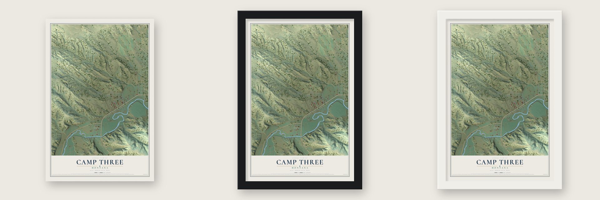 Camp Three, Montana map unframed, in a black wood frame and in a white wood frame