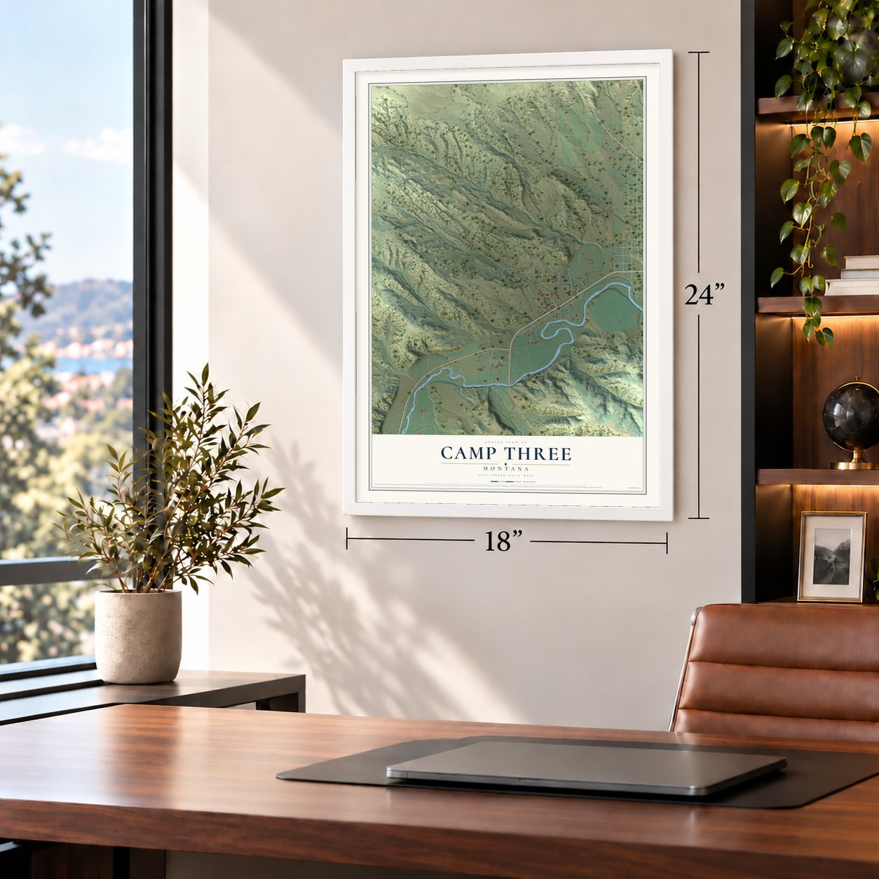 Camp Three, Montana map, 18 x 24 inch print in a white frame in a home office