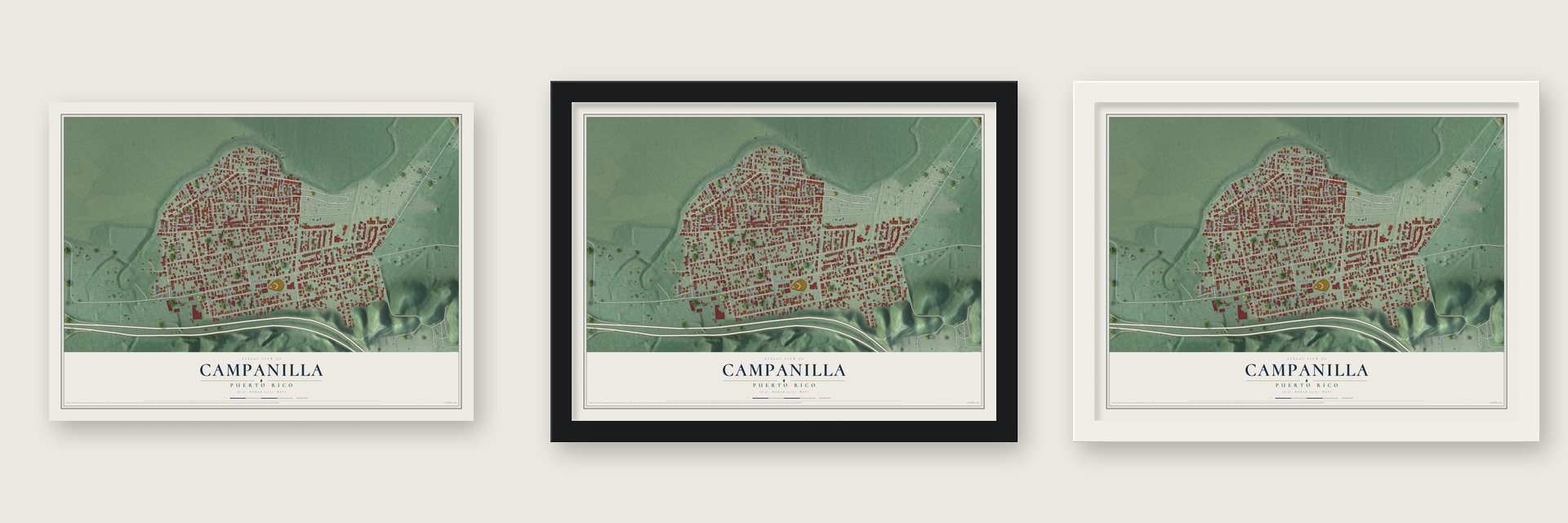 Campanilla, Puerto Rico map unframed, in a black wood frame and in a white wood frame