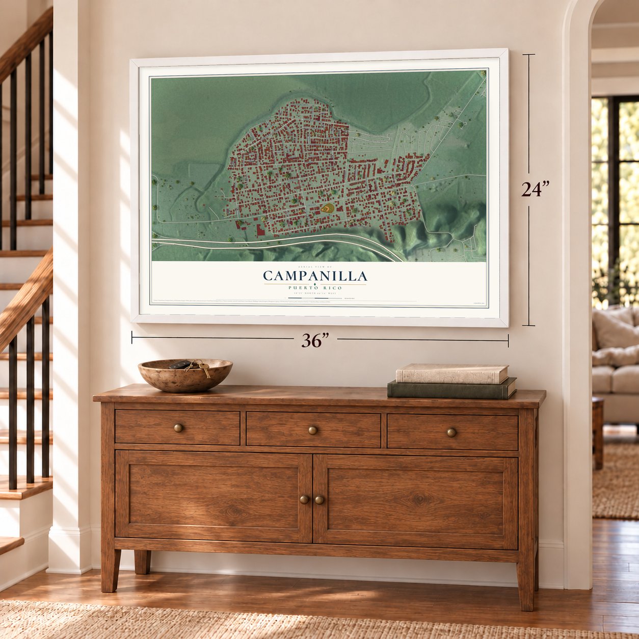 Campanilla, Puerto Rico map, 24 x 36 inch print in a white frame above a dresser by a staircase