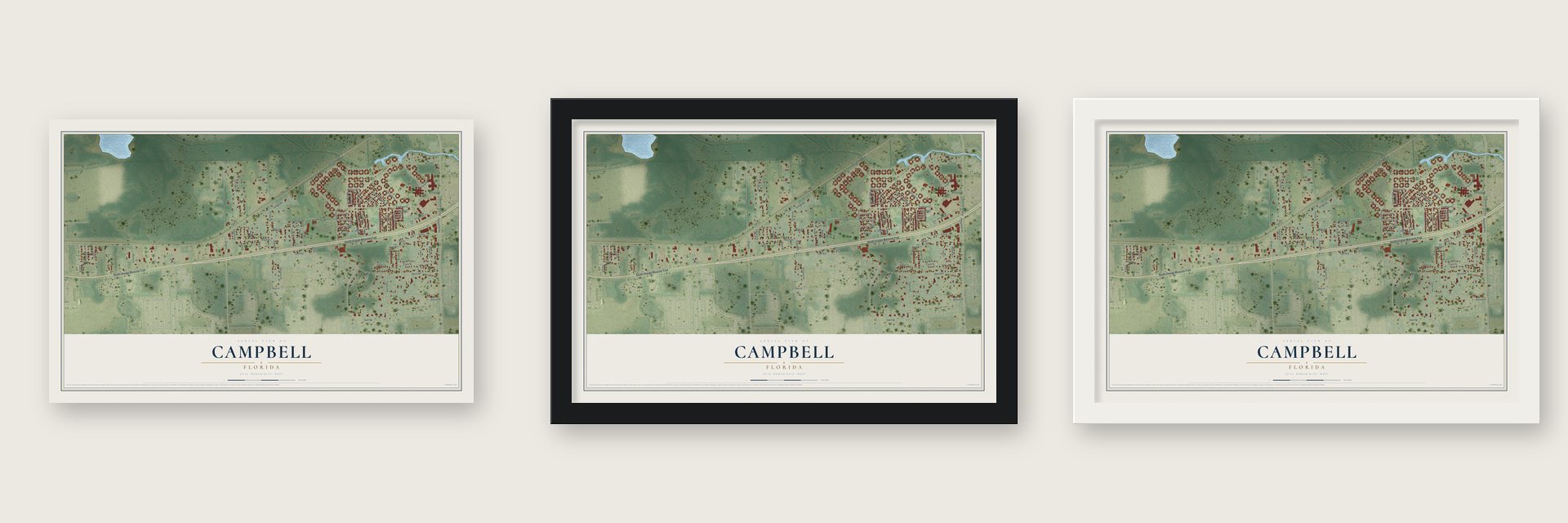Campbell, Florida map unframed, in a black wood frame and in a white wood frame