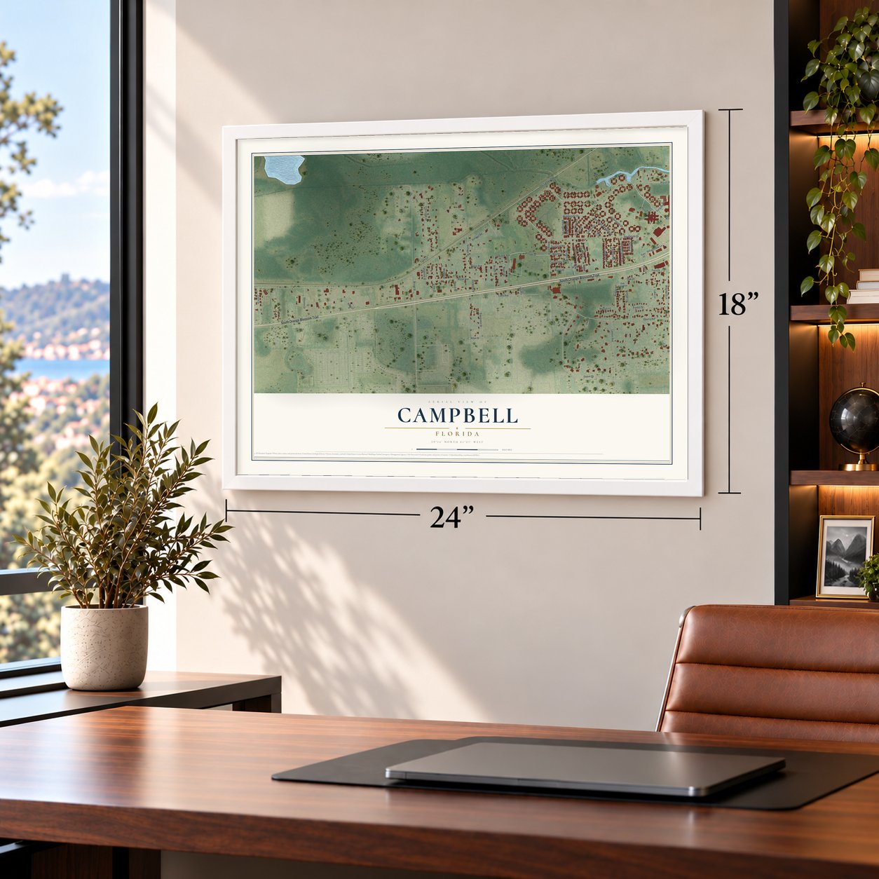 Campbell, Florida map, 18 x 24 inch print in a white frame in a home office
