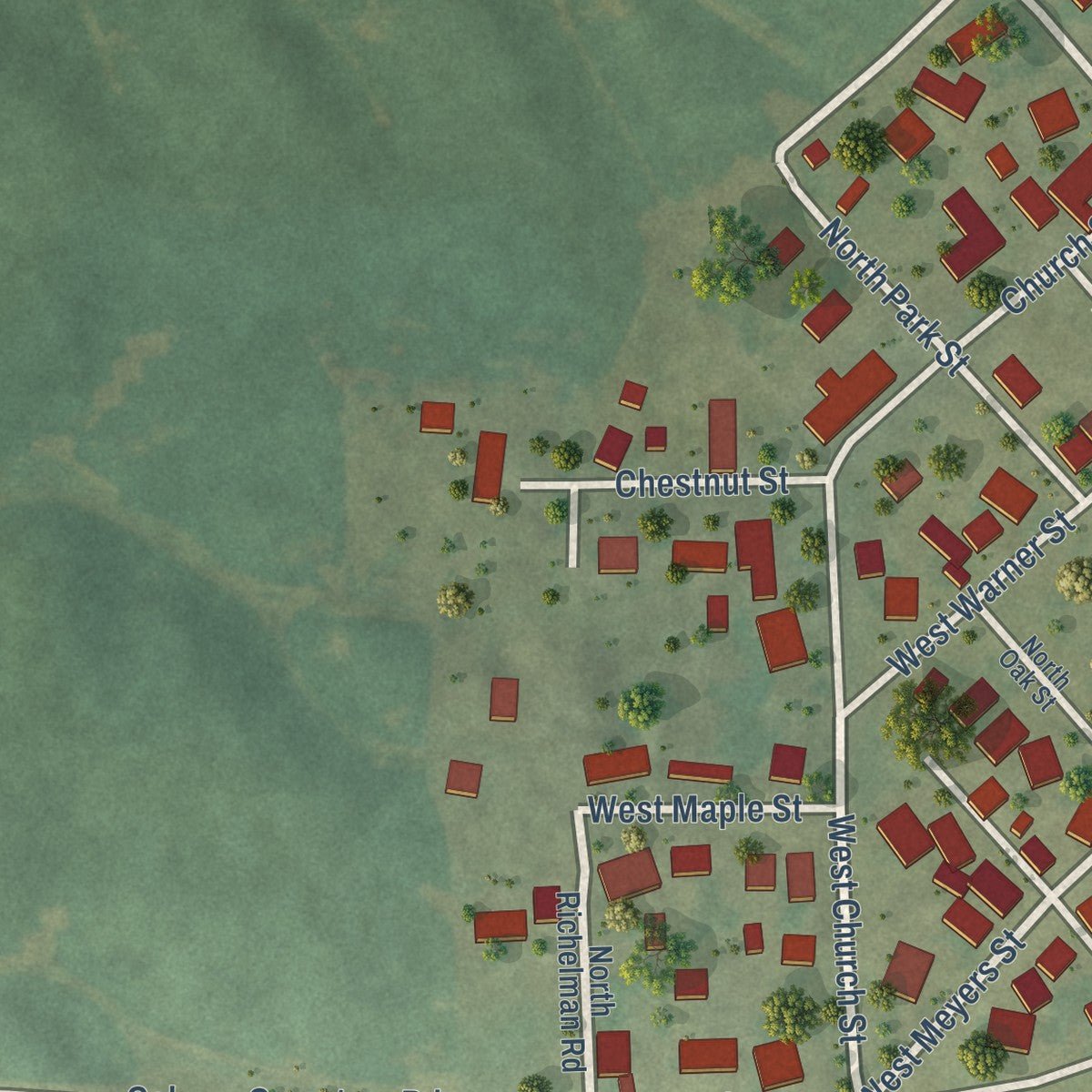 Second close-up of the map of Campbell Hill, Illinois print showing more streets and buildings