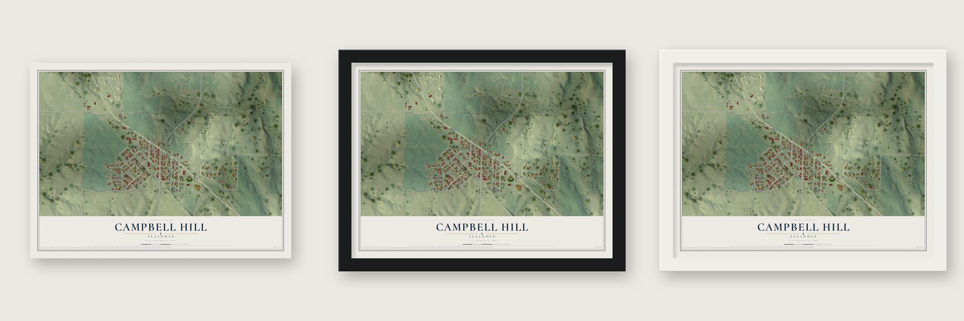 Campbell Hill, Illinois map unframed, in a black wood frame and in a white wood frame