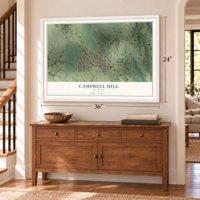 Campbell Hill, Illinois map, 24 x 36 inch print in a white frame above a dresser by a staircase