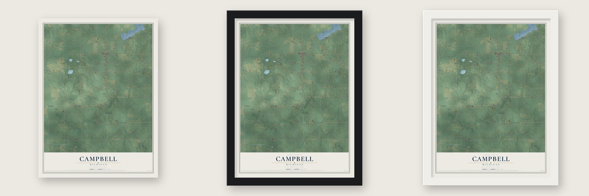 Campbell, Michigan map unframed, in a black wood frame and in a white wood frame