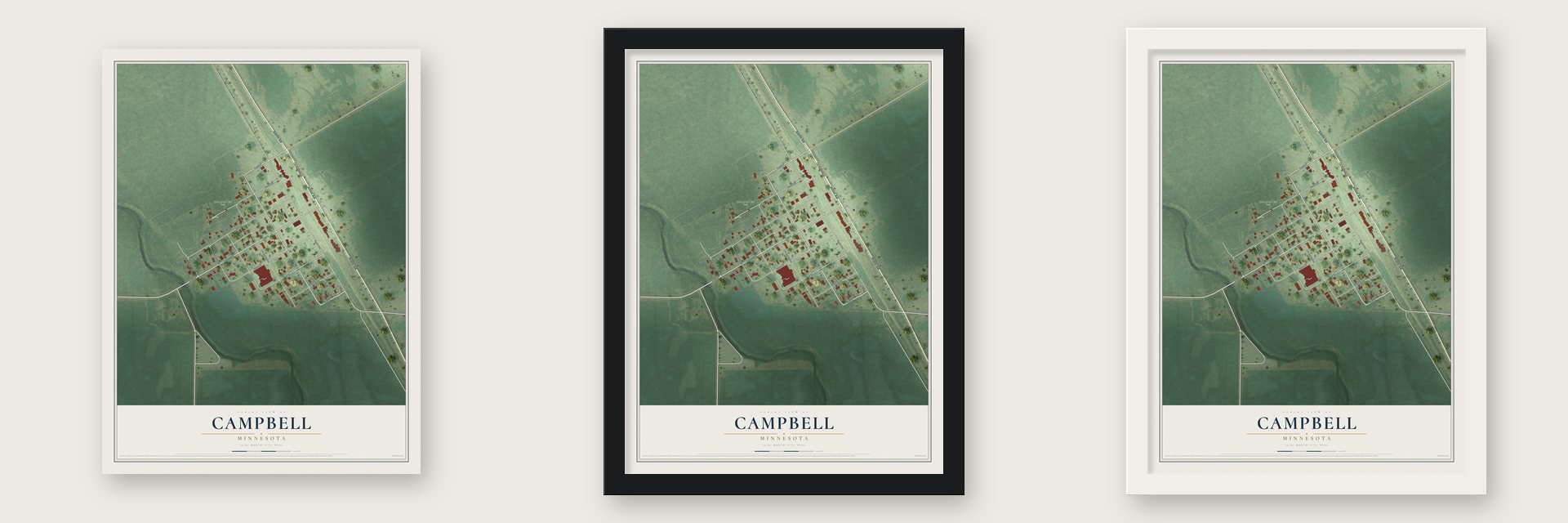 Campbell, Minnesota map unframed, in a black wood frame and in a white wood frame