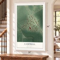 Campbell, Minnesota map, 24 x 36 inch print in a white frame by a staircase