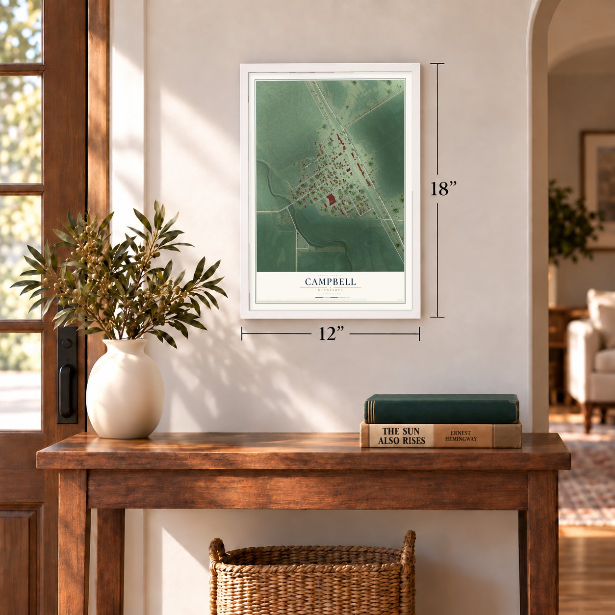 Campbell, Minnesota map, 12 x 18 inch print in a white frame in an entryway