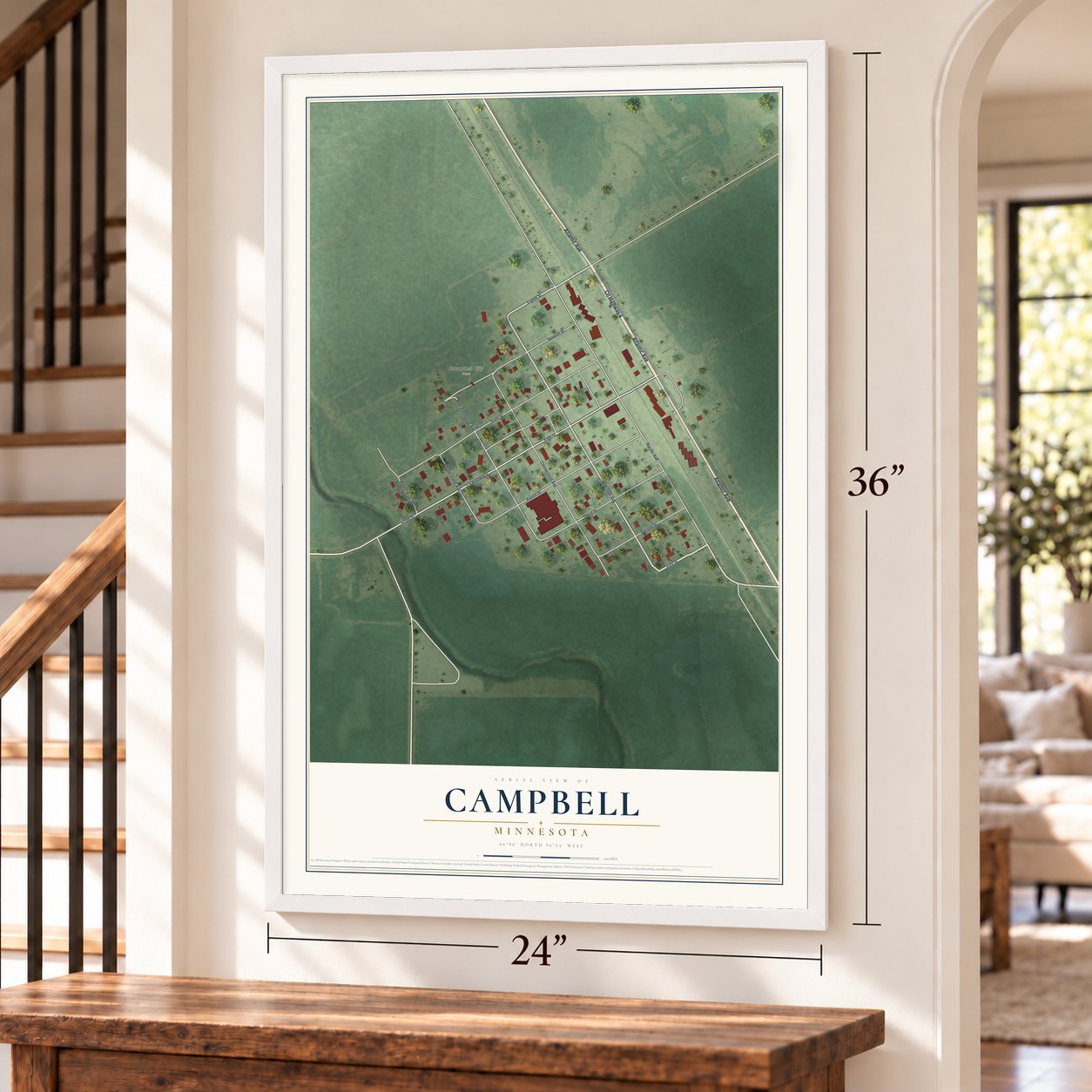 Campbell, Minnesota map, 24 x 36 inch print in a white frame by a staircase