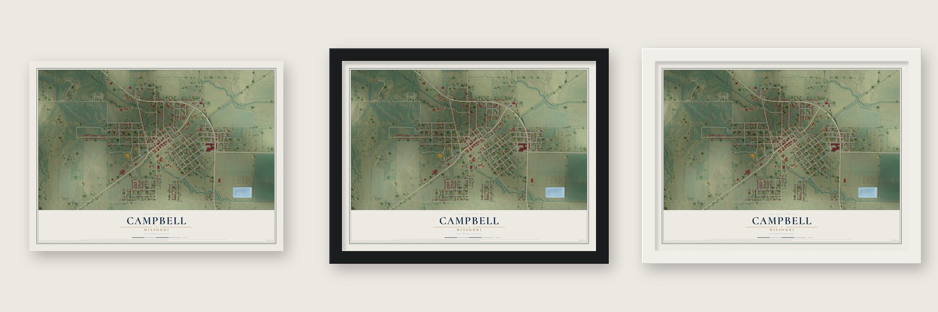 Campbell, Missouri map unframed, in a black wood frame and in a white wood frame