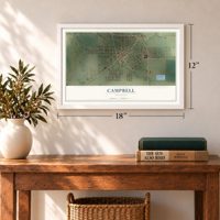 Campbell, Missouri map, 12 x 18 inch print in a white frame in an entryway
