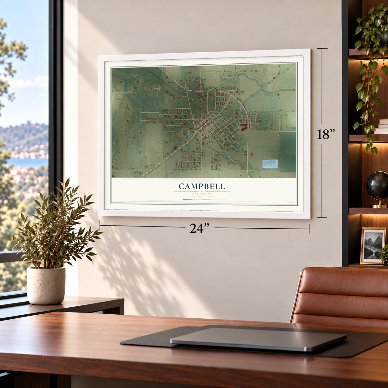 Campbell, Missouri map, 18 x 24 inch print in a white frame in a home office