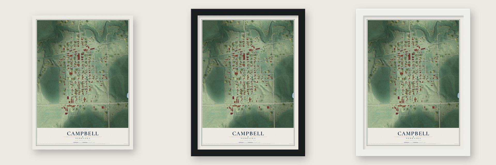 Campbell, Nebraska map unframed, in a black wood frame and in a white wood frame