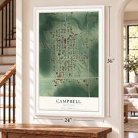 Campbell, Nebraska map, 24 x 36 inch print in a white frame by a staircase