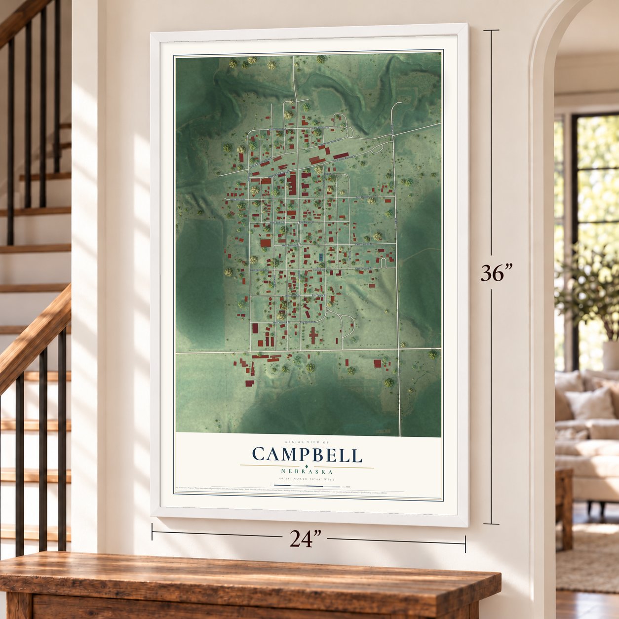 Campbell, Nebraska map, 24 x 36 inch print in a white frame by a staircase