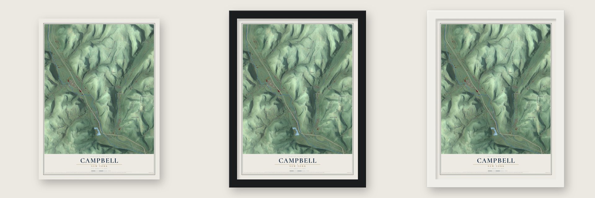Campbell, New York map unframed, in a black wood frame and in a white wood frame