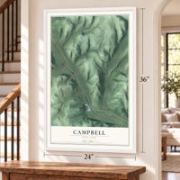 Campbell, New York map, 24 x 36 inch print in a white frame by a staircase