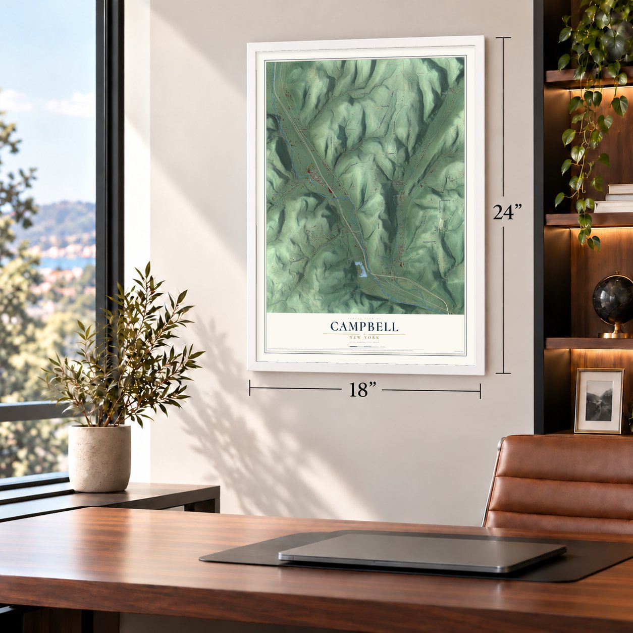 Campbell, New York map, 18 x 24 inch print in a white frame in a home office