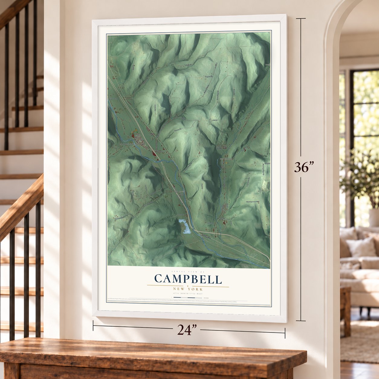 Campbell, New York map, 24 x 36 inch print in a white frame by a staircase