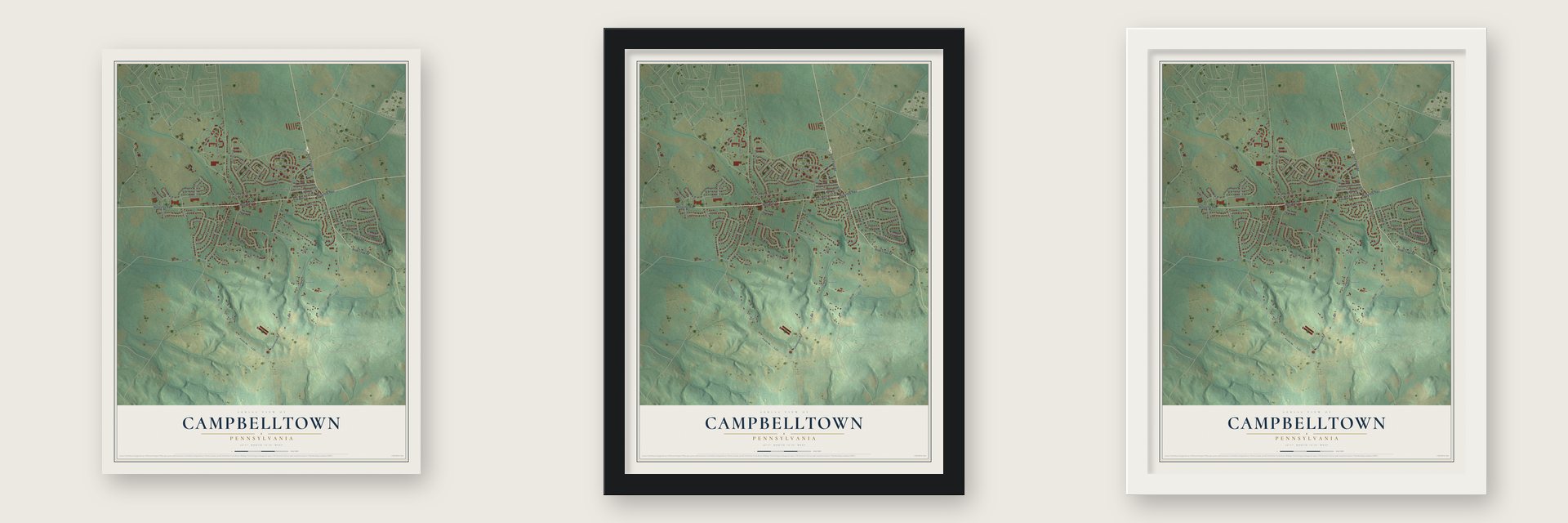 Campbelltown, Pennsylvania map unframed, in a black wood frame and in a white wood frame