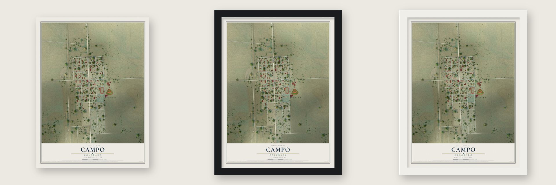 Campo, Colorado map unframed, in a black wood frame and in a white wood frame