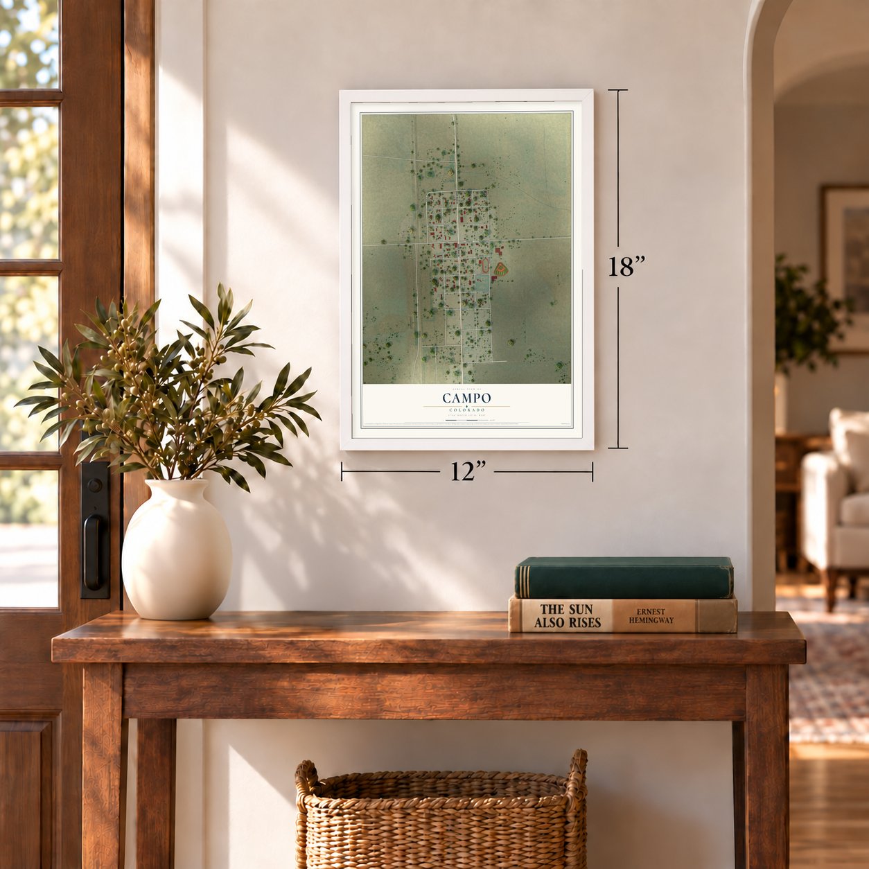 Campo, Colorado map, 12 x 18 inch print in a white frame in an entryway