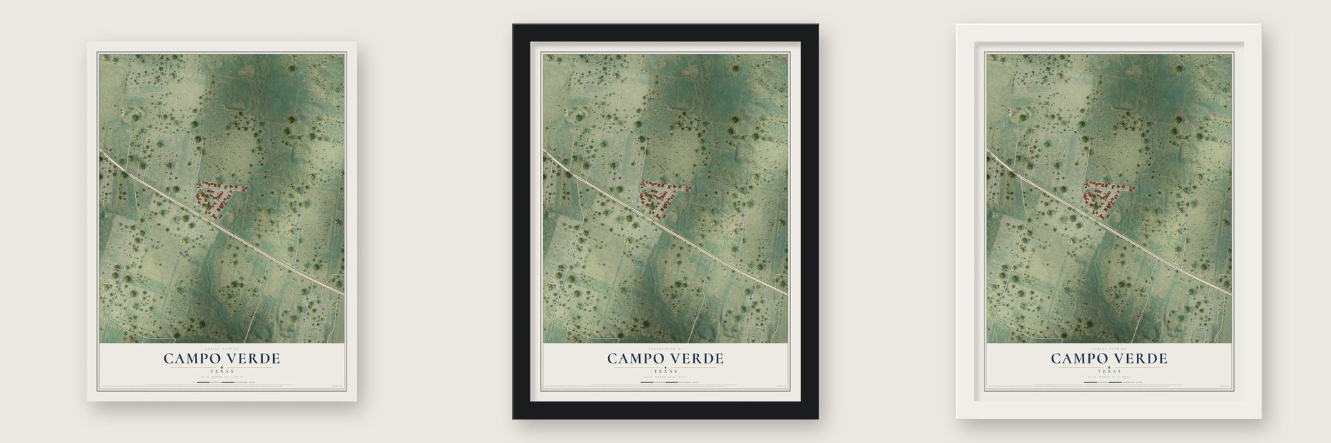 Campo Verde, Texas map unframed, in a black wood frame and in a white wood frame