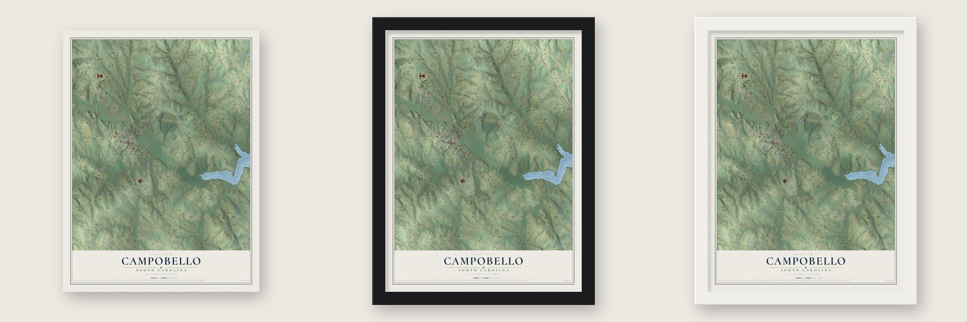 Campobello, South Carolina map unframed, in a black wood frame and in a white wood frame