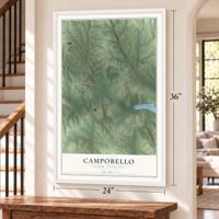 Campobello, South Carolina map, 24 x 36 inch print in a white frame by a staircase