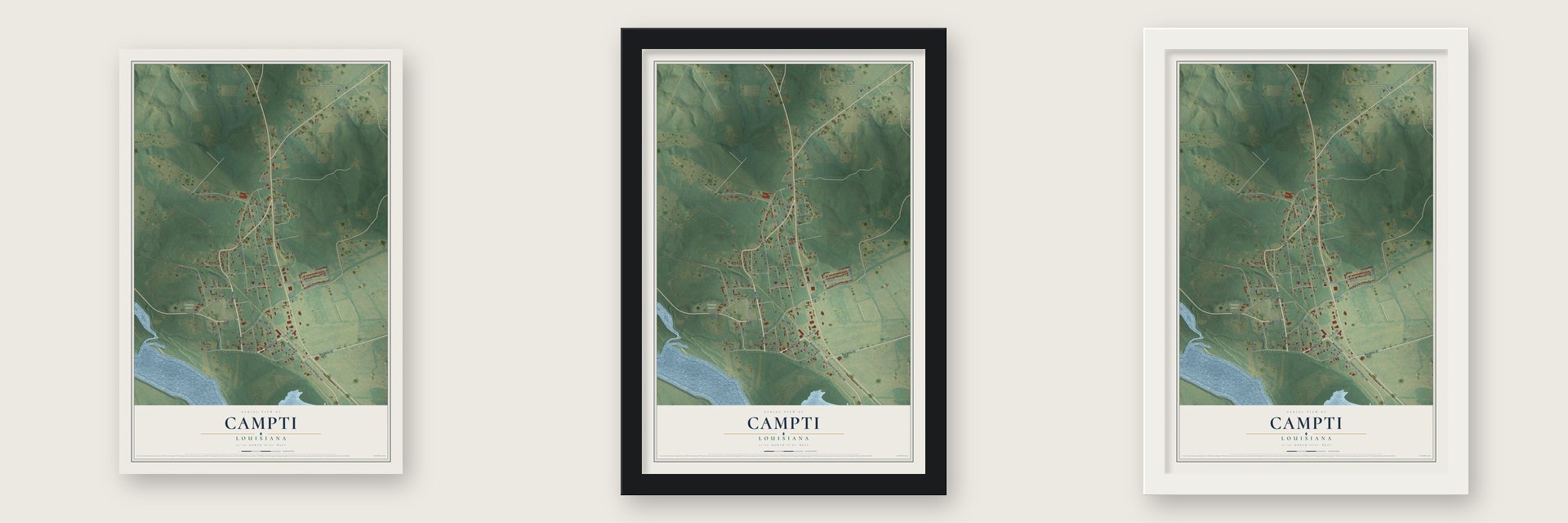 Campti, Louisiana map unframed, in a black wood frame and in a white wood frame