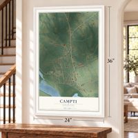 Campti, Louisiana map, 24 x 36 inch print in a white frame by a staircase