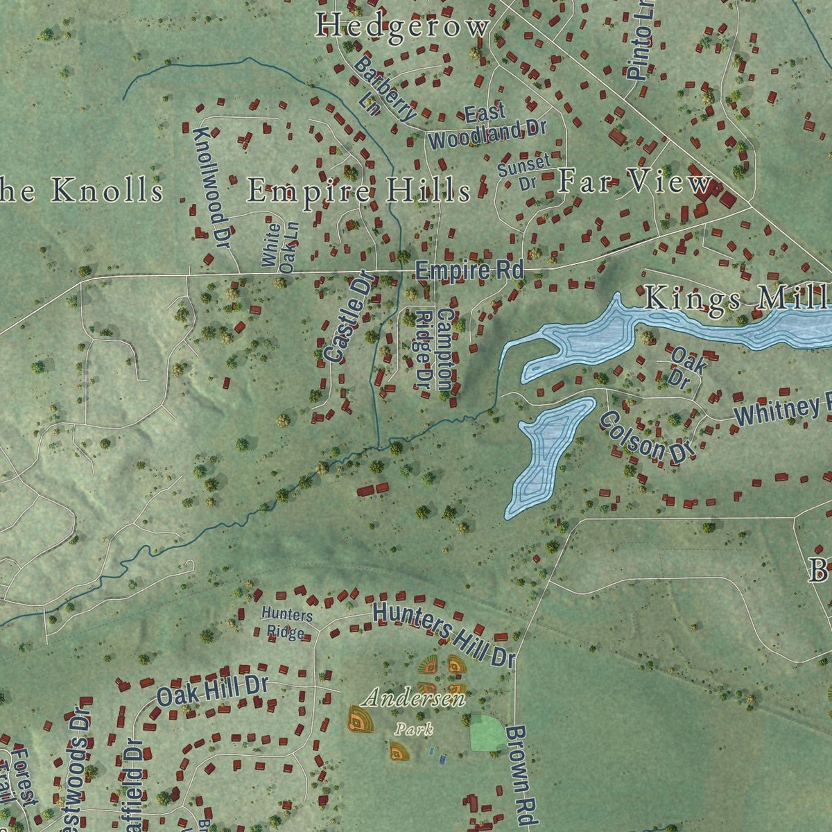 Second close-up of the map of Campton Hills, Illinois print showing more streets and buildings