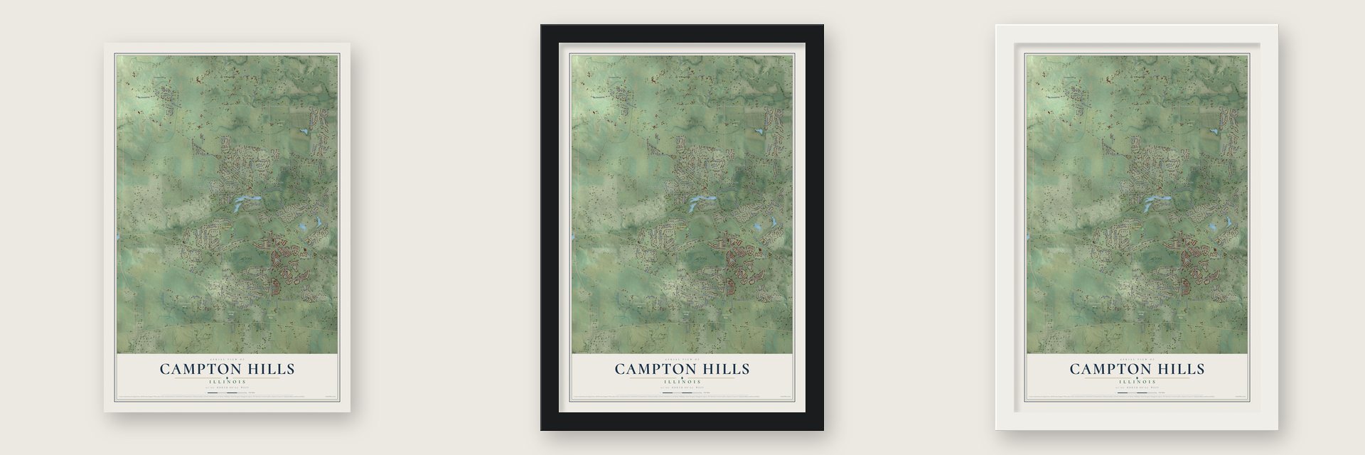 Campton Hills, Illinois map unframed, in a black wood frame and in a white wood frame