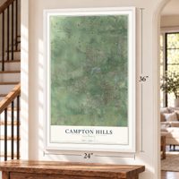 Campton Hills, Illinois map, 24 x 36 inch print in a white frame by a staircase
